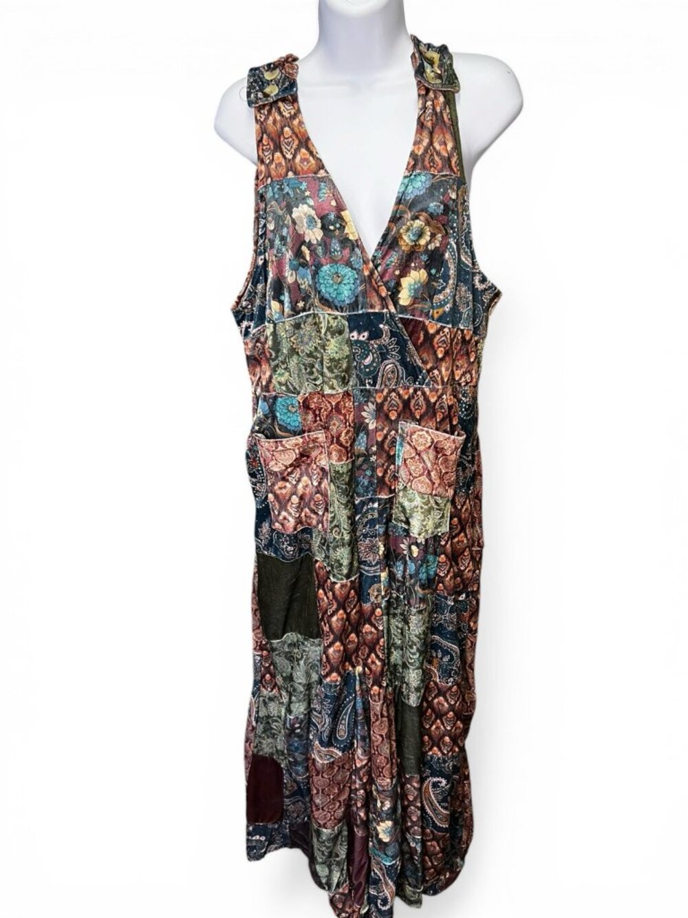 NWT Earthbound Trading Co Patchwork Velvet Jumpsuit Boho Wide Leg L XL XXL